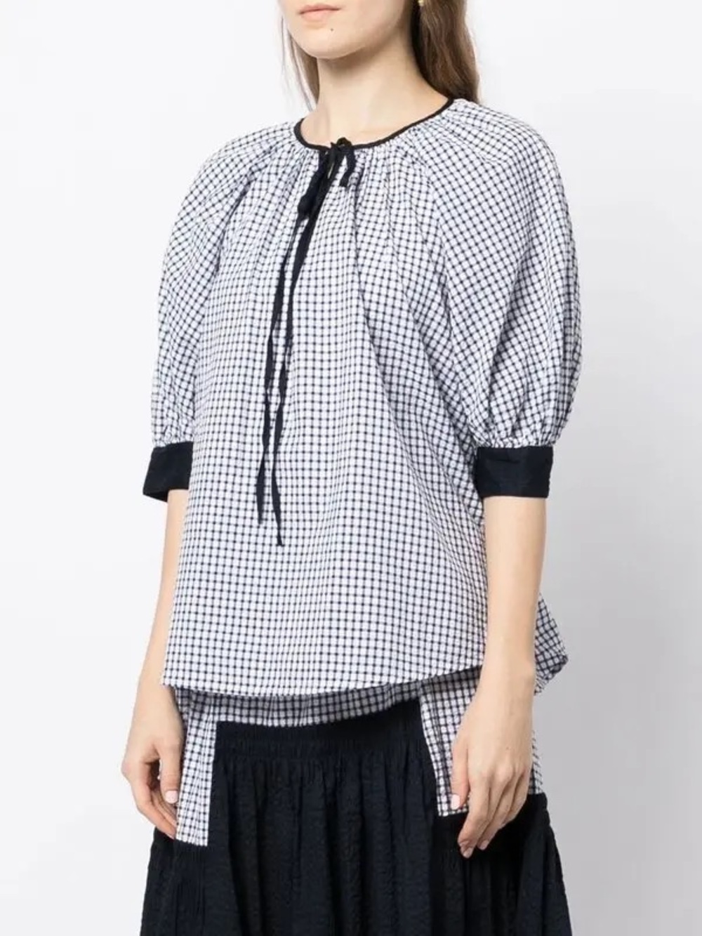 Lee Mathews Cotton Navy Gingham Check Blouse